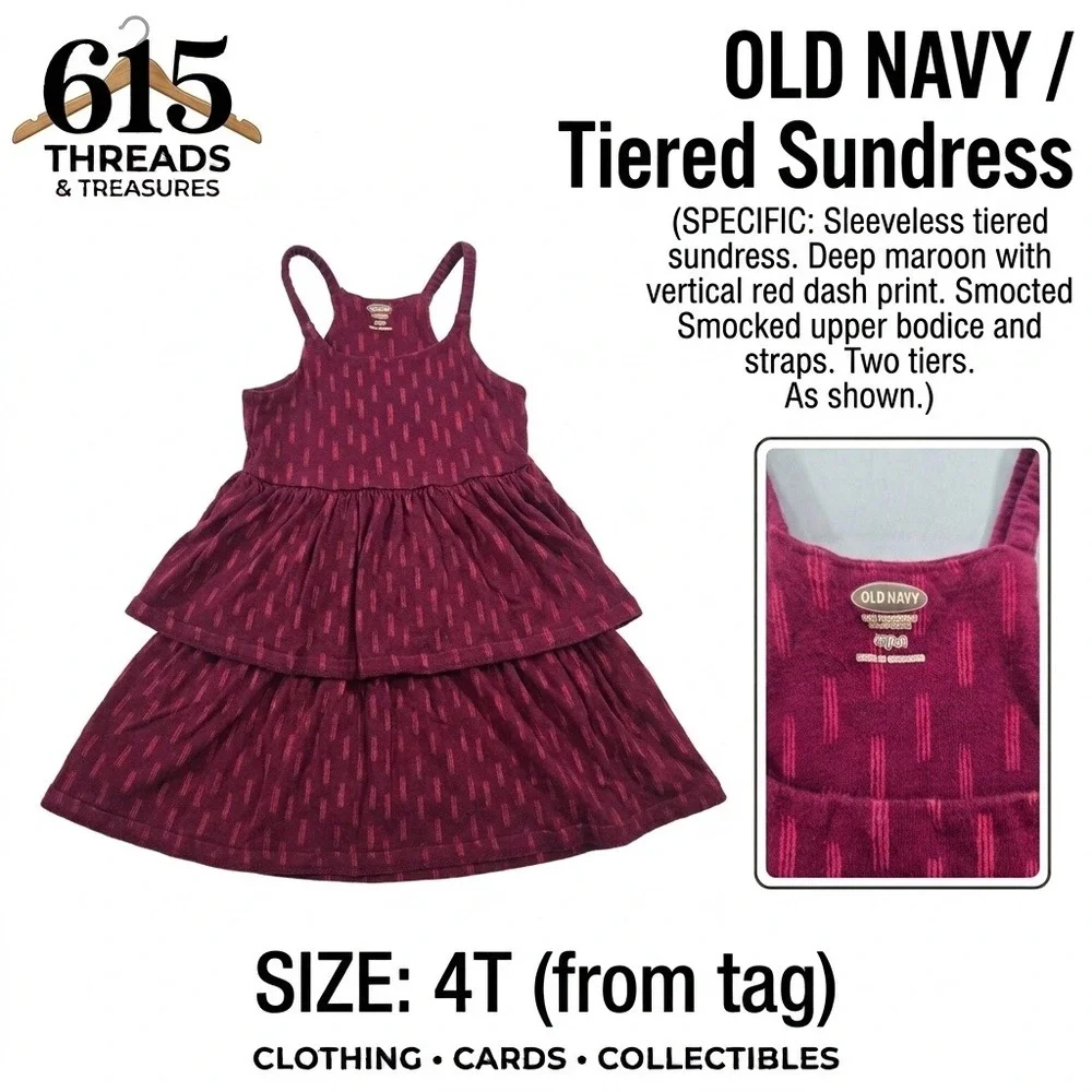 Old Navy Girls Tiered Sundress 4T Maroon Red Dash Smocked Sleeveless Knit Dress